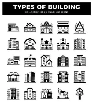 Collection of building icons in a grid layout on a white background. Ilustración de archivo