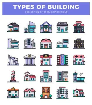 Collection of building icons in a grid layout against a white background. B.. Ilustración de archivo