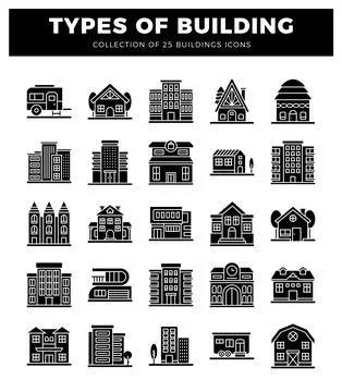 Collection of building icons in a grid layout with a black background. Ilustración de archivo