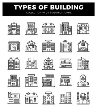 Collection of building icons in a grid layout on a white background Stock Illustration