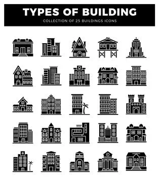 Collection of building icons in a grid on a white background. Ilustración de archivo