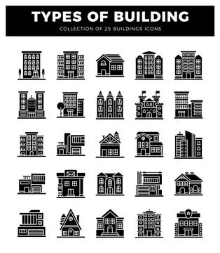 Collection of building icons presented in a grid layout on a white background Ilustración de archivo