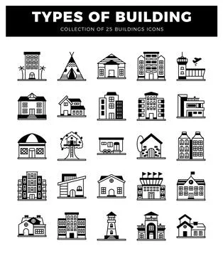 Collection of building icons presented in a grid with black and white line ar Stock Illustration