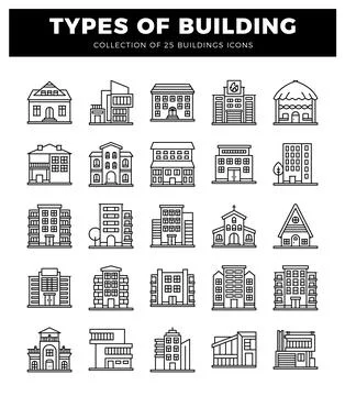 Collection of building icons presented in a grid format. Illustrazione stock