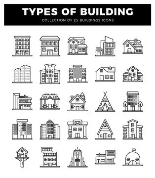 Collection of building icons in thin line art style on white background Ilustración de archivo