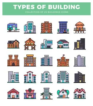 Collection of building icons on white background. modern and traditional st.. Ilustración de archivo