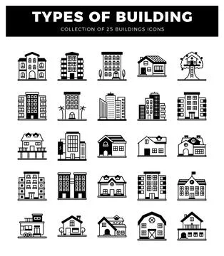 Collection of building icons on white background Ilustración de archivo
