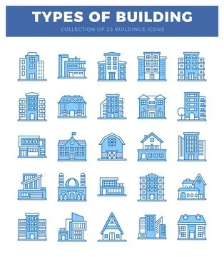 Collection of building icons on white background Ilustración de archivo
