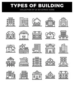 Collection of building icons on a white background. Stock Illustration