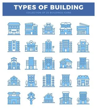 Collection of building icons on a white background. showcasing various arch.. Ilustración de archivo