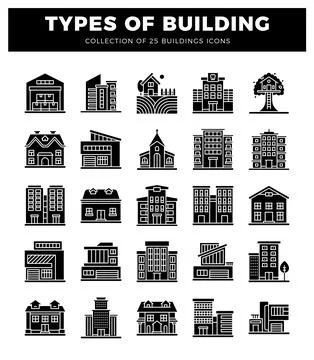 Collection of building icons on a white background. Modern and traditional .. Ilustración de archivo