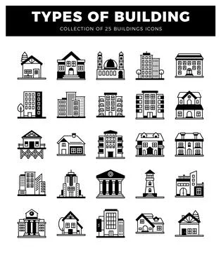 Collection of building icons on white background.  Vector illustrations of .. Ilustración de archivo