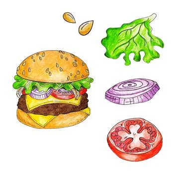 Collection burger and elements, hamburger hand drawn illustration sketch retr Stock Illustration