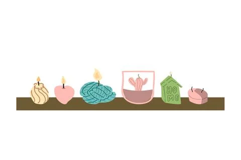 Collection of burning trendy candles. Different sizes and shapes Stock Illustration