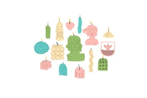 Collection of burning trendy candles. Different sizes and shapes Stock Illustration