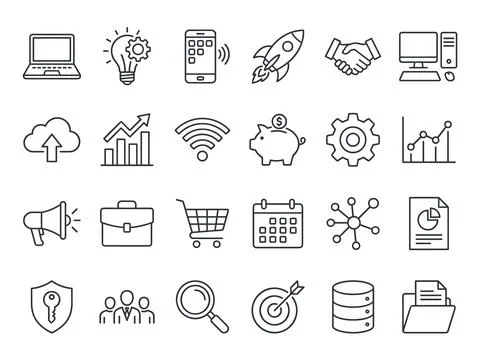 Collection of business and technology line icons representing finance, star.. Stock Illustration