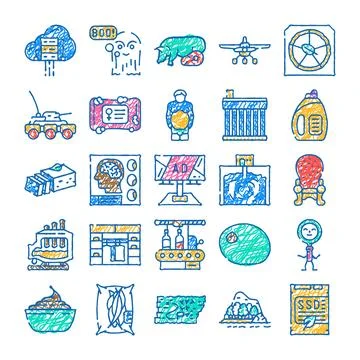 Collection of business and technology scribble doodle icons Illustrazione stock