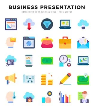 Collection of Business Presentation 25 Flat Icons Pack. Illustrazione stock