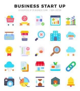 Collection of Business Start Up 25 Flat Icons Pack. Stock Illustration