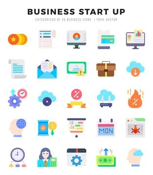 Collection of Business Start Up 25 Flat Icons Pack. Stock Illustration
