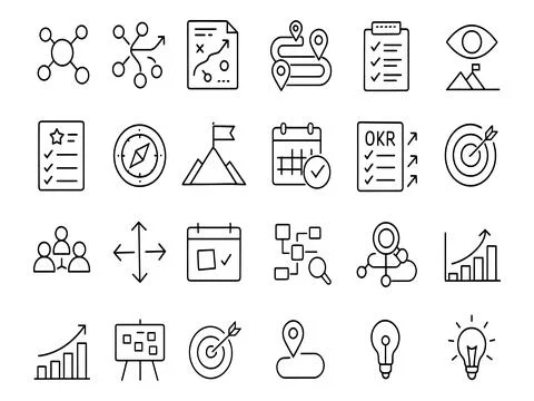 Collection of business strategy and planning icons isolated on white backgrou Stock Illustration