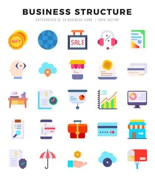 Collection of Business Structure 25 Flat Icons Pack. Stock Illustration