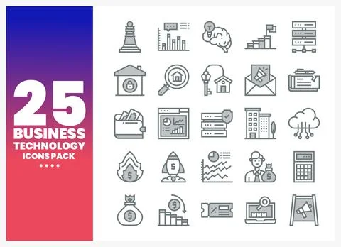 Collection of business technology icons on a gradient background Stock Illustration