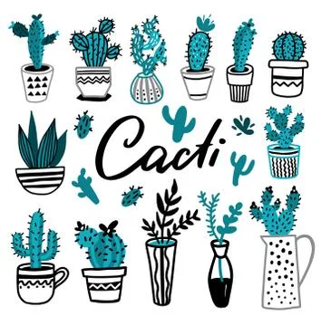 Collection of cactus. Hand drawn set cartoon Illustration. Stock Illustration