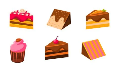 Collection of cakes set, piece of various delicious confection desserts vector Stock Illustration