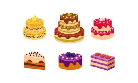 Collection of cakes set, various delicious confection desserts with fruits and Stock Illustration