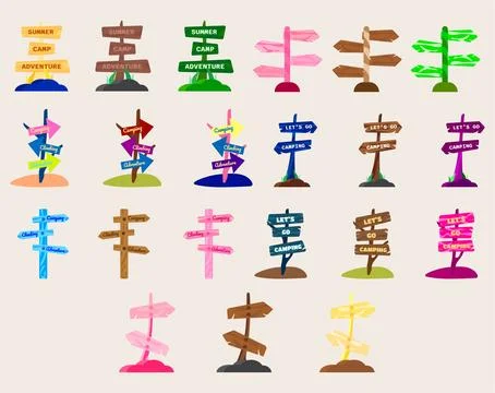 Collection camp wooden pointer for camping and outdoor travel expedition.Se.. 스톡 일러스트