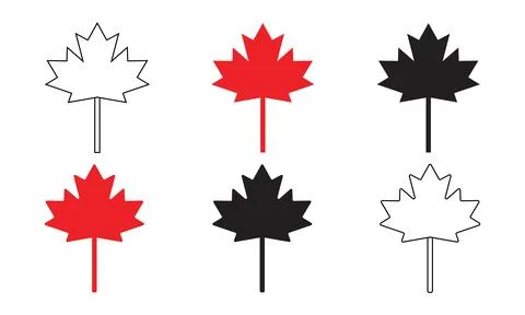 Collection of Canada maple leaf icons in red, black, and outline styles. Stock Illustration