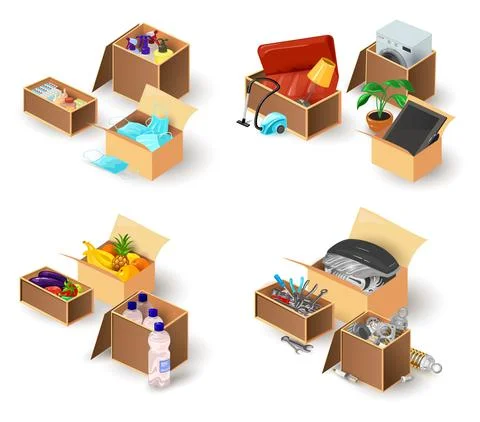 Collection of cardboard boxes with stuff Stock Illustration