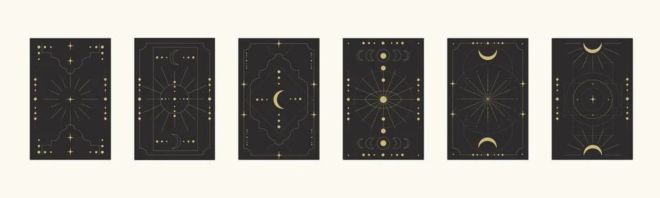 Collection of cards featuring celestial elements and symbols of mysticism a.. Иллюстрация