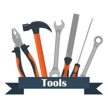 Collection of carpentry, mechanic, locksmith tools. Wrench, screwdriver, hamm Stock Illustration