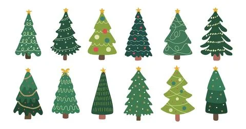 Collection of cartoon Christmas trees with different decorations and orname.. Illustrazione stock