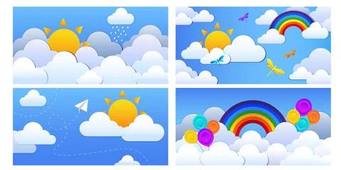 Collection cartoon element rainbow cloud sun butterfly kite balloons 스톡 일러스트