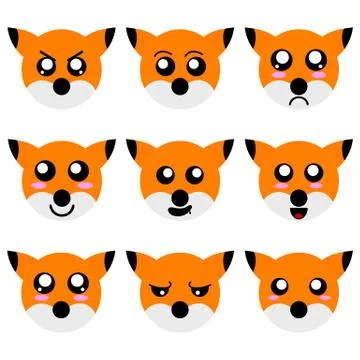 Collection of Cartoon Fox Faces isolated on white background. Vector. Illustrazione stock