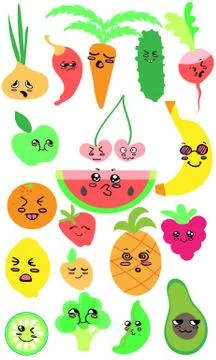Collection of cartoon fruit and vegetables.Vector illustration. Stock Illustration