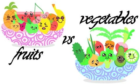 Collection of cartoon fruit and vegetables.Vector illustration. Stock Illustration