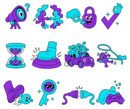 Collection of cartoon icons representing various concepts Stock Illustration