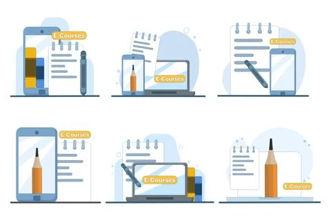 Collection of cartoon notebook, device, and pencil icons Ilustração Stock
