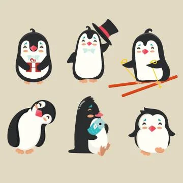 Collection of cartoon penguin. Stock Illustration