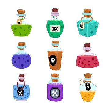Collection of cartoon poison magic potion bottles Stock Illustration