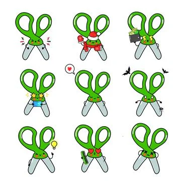 A collection of cartoon scissors with different moods and cute expressions. Stock Illustration
