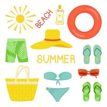 Collection of Cartoon summer elements. Beach, summer accessory. 스톡 일러스트