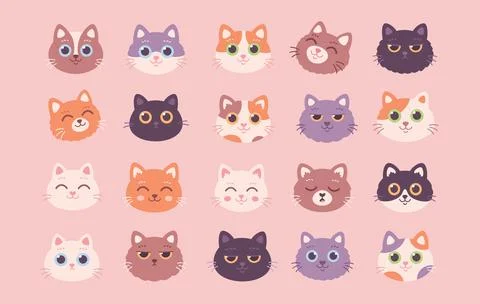 Collection of Cat faces. Cat characters with different emotions Иллюстрация