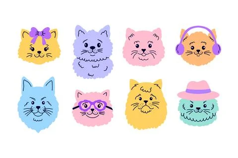 Collection of cat faces in doodle  style on white background. Stock Illustration