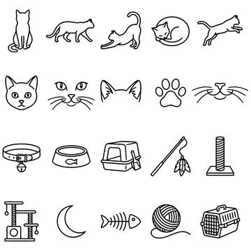 Collection of Cat Themed Vector Line Icons Representing Pets and Supplies Иллюстрация