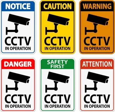 Collection of CCTV Warning Signs with Various Color Codes and Messages Stock Illustration